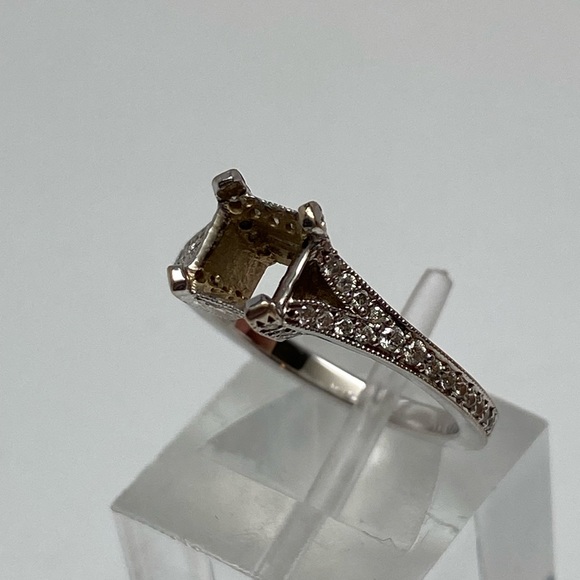 18K White Gold Natural Diamond Princess Cut Semi Mount Engagement Ring Fits 5mm - Picture 2 of 16